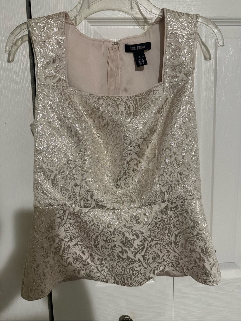 White House Black Market Metallic Jacquard Peplum Top in Light Champagne - Picture 1 of 4